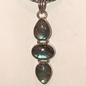 Elegant 925 Silver Blue Labradorite Triple Stone Pendant.